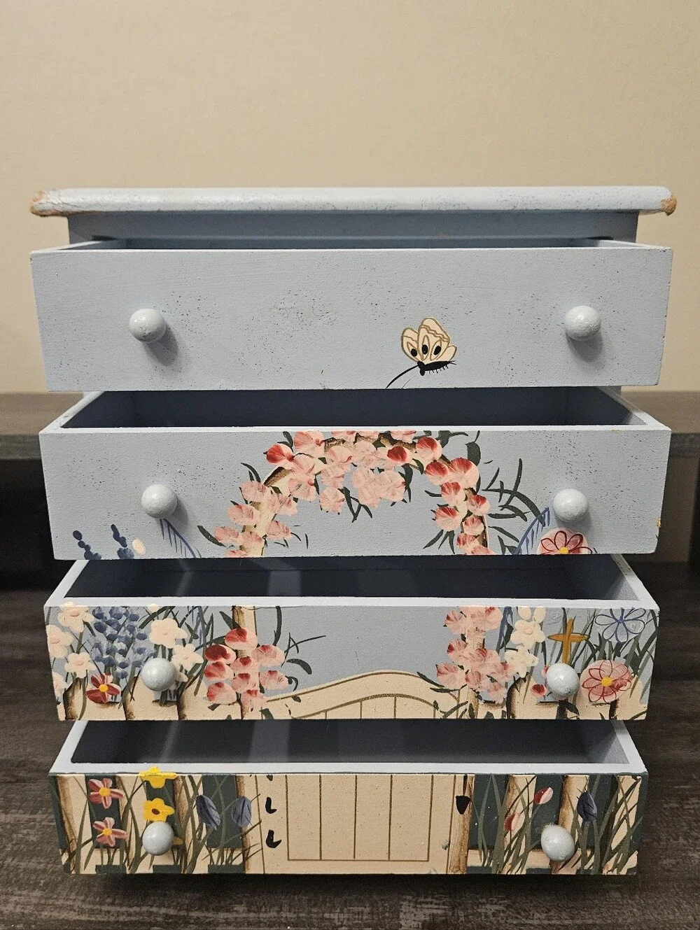 Vintage Hand-Painted Floral Cottage 4-Drawer Trinket Jewelry Box
